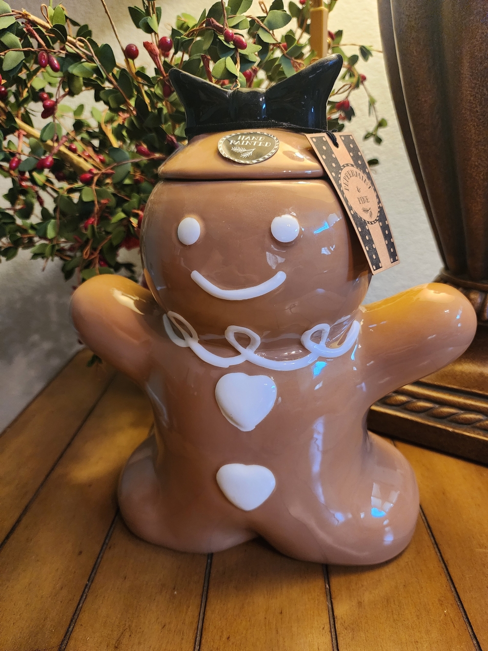 🎄Peppermint & Pine Gingerbread Girl Cookie Jar Canister Black Bow NWT